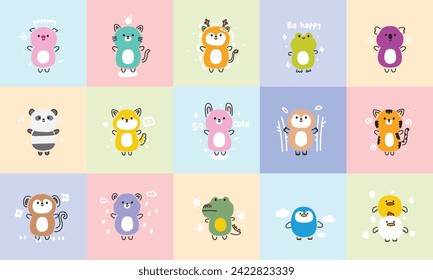 Set of cute animals line hand drawn style stand on pastel background with tiny icon.Animal character cartoon design.Minimal.Baby graphic.Zoo.Kawaii.Vector.Illustration.