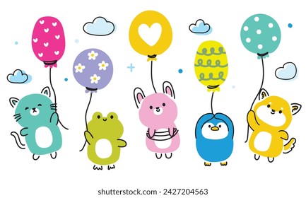 Set of cute animals line hand drawn style hold colorful balloon on cloud sky background.Cat,frog,rabbit,penguin,shiba inu dog cartoon collection.Kawaii.Vector.Illustration. 