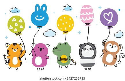 Set of cute animals line hand drawn style hold colorful balloon on cloud sky background.Tiger,koala,crocodile,panda bear,monkey cartoon collection.Kawaii.Vector.Illustration. 