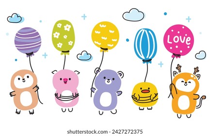 Set of cute animals line hand drawn style hold colorful balloon on cloud sky background.Sloth,pig,teddy bear,chick,deer cartoon collection.Kawaii.Vector.Illustration. 