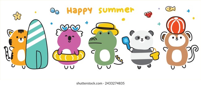 Set of cute animals line hand drawn style in summer concept.Trip.Swim.Relax.Sea and beach.Tiger,koala bear,crocodile,panda,monkey collection.Kawaii.Vector.Illustration.