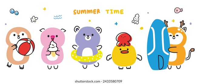 Set of cute animals line hand drawn style in summer concept.Trip.Swim.Relax.Sea and beach.Sloth,pig,teddy bear,chick,deer collection.Kawaii.Vector.Illustration.