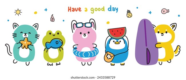 Set of cute animals line hand drawn style in summer concept.Trip.Swim.Relax.Sea and beach.Cat,frog,rabbit,penguin,shiba inu dog collection.Kawaii.Vector.Illustration.