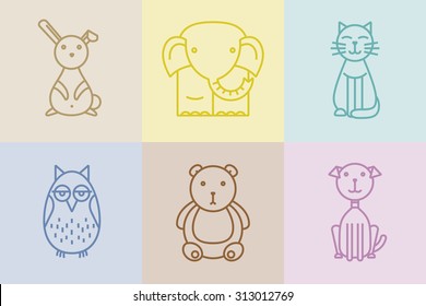 Set of cute animals in linear style good for print