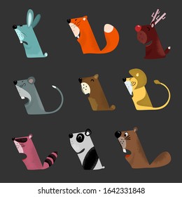 Set. Cute  animals. Lion, beaver, bunny, raccoon, bear, panda, fox, mouse, deer. 