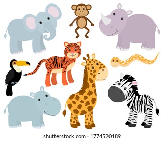 
Set Cute animals lion elephant giraffe parrot monkey tiger snake rhino rhino zebra hippo vector illustration