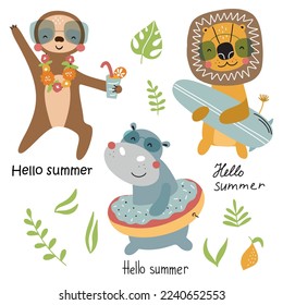 Set with cute animals: lion, sloth, hippopotamus and lettering. Hello summer. Vector illustration isolated on white background for your design