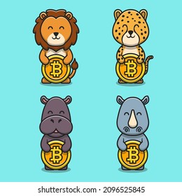 Set of cute animals, lion,cheetah,hippopotamus and rhinoceros holding bitcoin cartoon vector icon illustration. Animal business mascot character concept isolated vector. Flat cartoon style