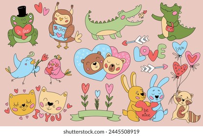 Conjunto de animales lindos en el amor. Adorables pegatinas con pájaros, conejos, ranas y osos que sostienen corazones y flores. Tarjeta de felicitación de San Valentín. Colección de Vector plano de dibujos animados aislado sobre fondo rosa