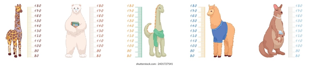 Set of cute animals measuring height on white background