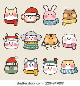 Set of cute animals in merry christmas concept.Pet wear winter clothing collection.New year.Holiday.Kid graphic design.Kawaii.Vector.Illustration.