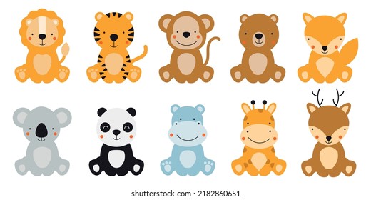 Set with cute animals monkey, giraffe, lion, tiger, panda, koala, fox, bear and deer isolated on a white background Vector illustration for printing on fabric, wrapping paper, clothing. Cute baby