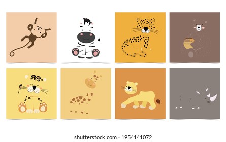 Set of cute animals with monkey,leopard,lion,bear,zebra,rhino.Vector illustration for baby invitation, kid birthday invitation and postcard