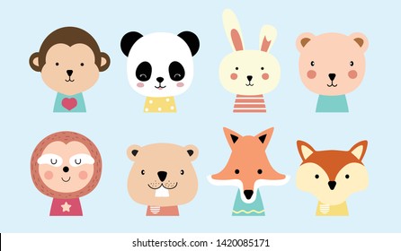 Set of cute animals with monkey,panda,rabbit,bear,sloth,squirrel and fox.Vector illustration for baby invitation, kid birthday invitation and postcard