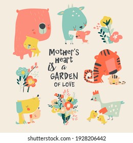 Set of cute animals for Mothers Day in cartoon style