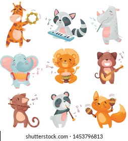 Set of cute animals musicians. Vector illustration on white background.