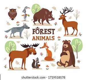 Set of cute animals and nature environment vector illustration. Creatures on freedom among trees and greenery flat style. Owl boar and wolf on white background. Wildlife concept