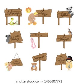 Set with cute animals near wooden signboard with the inscriptions on the summer theme in vector. Cartoon illustration