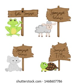 Set with cute animals near wooden signboard with the inscriptions on the summer theme in vector. Cartoon illustration