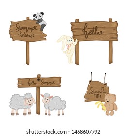 Set with cute animals near wooden signboard with the inscriptions on the summer theme in vector. Cartoon illustration