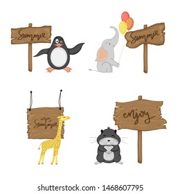 Set with cute animals near wooden signboard with the inscriptions on the summer theme in vector. Cartoon illustration