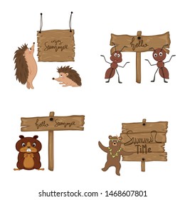 Set with cute animals near wooden signboard with the inscriptions on the summer theme in vector. Cartoon illustration
