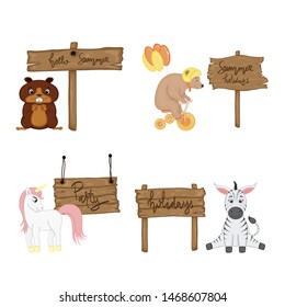 Set with cute animals near wooden signboard with the inscriptions on the summer theme in vector. Cartoon illustration