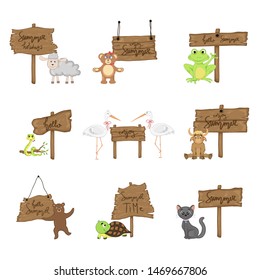 Set with cute animals near wooden signboard with the inscriptions on the summer theme in vector. Cartoon illustration