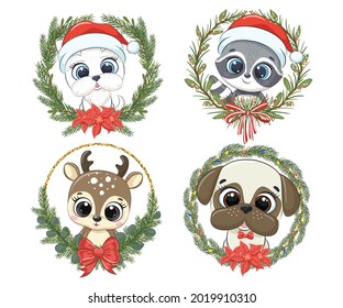 Eine Reihe süßer Tiere für das neue Jahr und für Weihnachten. Hund, Rentier, Rentier, Rentier. Vektorgrafik eines Cartoons.