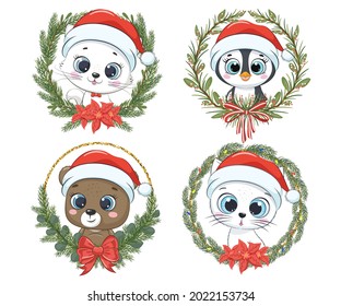 Un conjunto de lindos animales para Año Nuevo y Navidad. Gatito, gato, oso, pingüino. Ilustración vectorial de una caricatura.