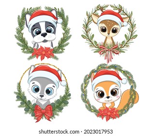 A set of cute animals for the New Year and for Christmas. Dog, puppy, reindeer , wolf, squirrel. Vector illustration of a cartoon.