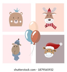 A set of cute animals in New Year's clothes - bear, deer, sheep, cow, bull. suitable for creating postcards, children's clothing and souvenirs.
