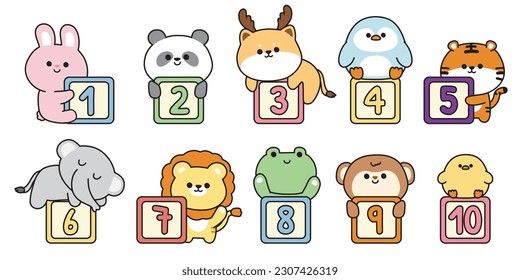 Set of cute animals with number on box.Image for school class,student,learning kid book.Cartoon character design.Kawaii.Vector.Illustration.