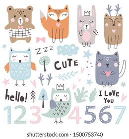 Set with cute  animals, numbers and dsign Elements. Kids party. Hand drawn style. Vector illustration 