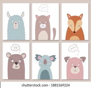 set of cute animals for nursery room decor. Illustrations of fox, cat, llama, dog, koala and bear in pastel colors for prints, posters, kids apparel, stickers, cards, etc. EPS 10