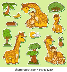 Set of cute animals and objects, vector stickers of giraffes
