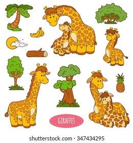 Set of cute animals and objects, vector family of giraffes