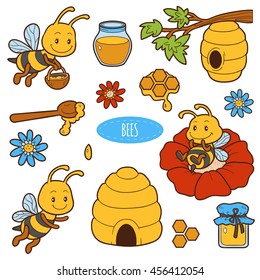 Set of cute animals and objects, vector family of bees. Color set with characters bees, beehives and honey