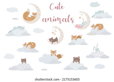 Set of cute animals on clouds and moon. Fox, bear cub and rabbit. Balloon. pastel shades. Vector illustration isolated on white background