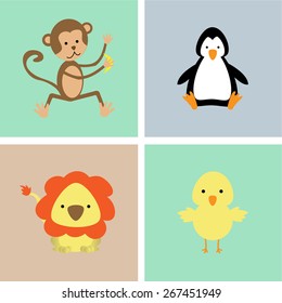 Set of cute animals on a colored backgrounds. Vector illustration