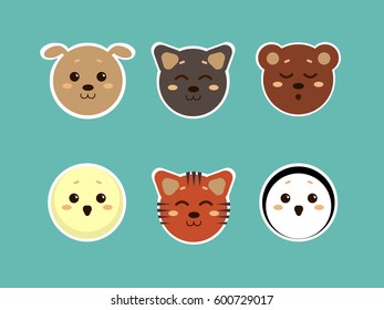 Set of cute animals on green background expressing different emotions