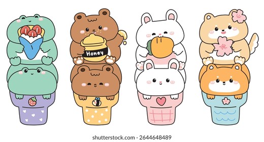 Conjunto de animais bonitos em sorvete cone.Frog.Urso de pelúcia.Coelho coelho.Shiba inu dog.Sweet e sobremesa.Morango,mel,cenoura,sakura flower.Animal personagem desenho animado.Kawaii.Vetor.Ilustração
