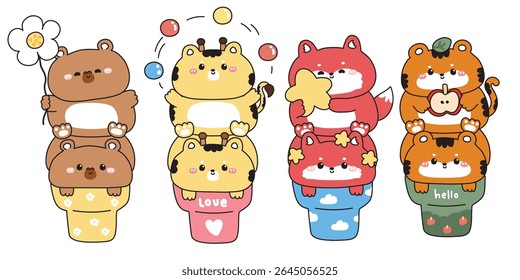 Set of cute animals on ice cream cone.Capybara.Giraffe.Fox.Tiger.Sweet and dessert.Apple,star,ball,flower.Animal character cartoon design.Kawaii.Vector.Illustration