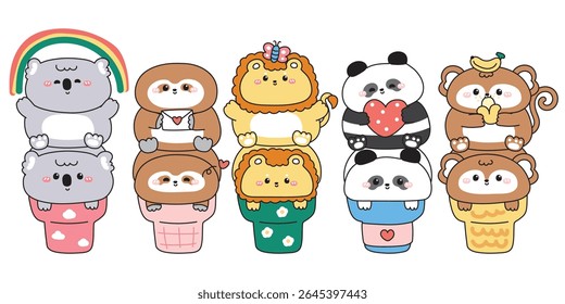 Conjunto de animais fofos em cone de sorvete.Koala.Sloth.Teddy panda urso.Monkey.Lion.Sweet e sobremesa.Rainbow,correio de papel do coração,borboleta,coração,desenho animado de personagem banana.Animal.Kawaii.Vetor.