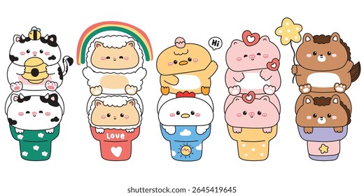 Set of cute animals on ice cream cone.Cow.Sheep.Chicken and hen.Pig.Horse.Sweet and dessert.Honeycomb,rainbow,egg,heart,star.Animal character cartoon design.Kawaii.Vector.