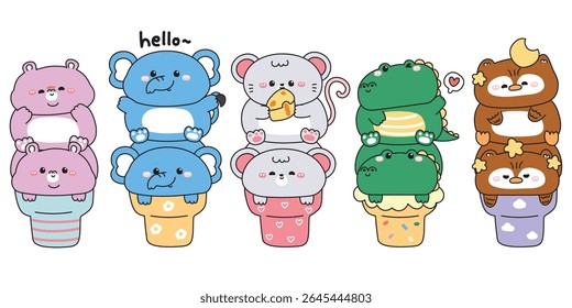 Set of cute animals on ice cream cone.Hippopotamus.Elephant.Rat mouse.Crocodile.Owl.Sweet and dessert.Cheese,heart,moon,star.Animal character cartoon design.Kawaii.Vector.