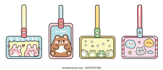 Set von niedlichen Tieren auf Namenskarte für Schul- und Büropersonal.Cartoon Charakter Design.Kaninchen, Teddybär,Frosch,Pinguin,Katze Hand gezeichnet.Kawaii.Vektorgrafik.Illustration.