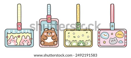 Set of cute animals on name card for school and office staff.Cartoon character design.Rabbit,teddy bear,frog,penguin,cat hand drawn.Kawaii.Vector.Illustration.