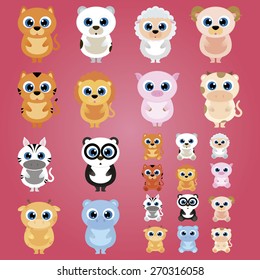 Set of cute animals on a pink background. Vector illustration