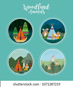 Set of cute animals on round icons
